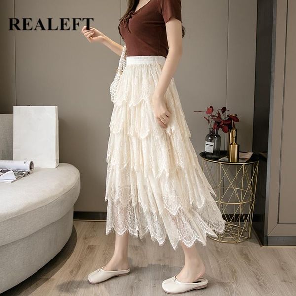 

skirts realeft 2021 spring lace skirt elegant high waist elastic cake layers solid color summer ladies midi for women, Black