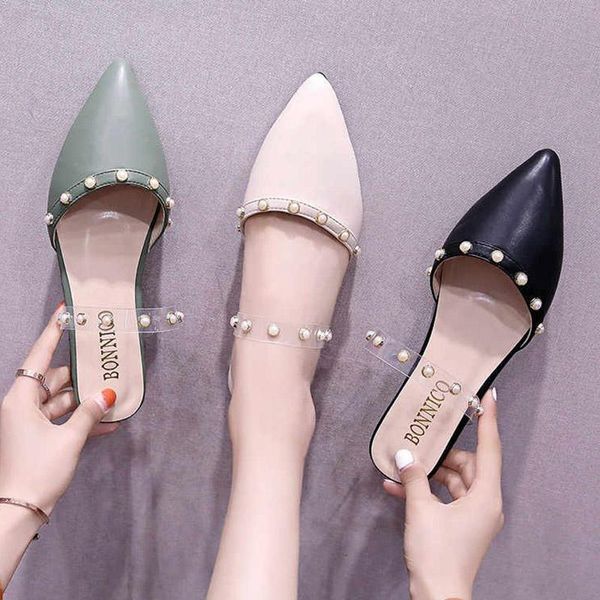 

plus size 35-43 summer shoes pointed toe slippers string bead slides woman pearl flat slipper out side, Black