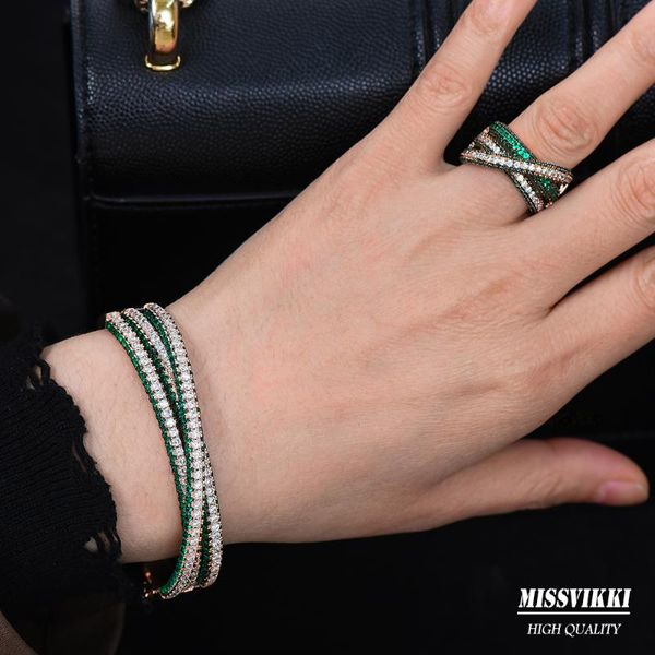 

earrings & necklace missvikki 2pcs romantic elegant luxury shiny green bangle ring set for women bridal wedding full micro cubic zircon pave, Silver