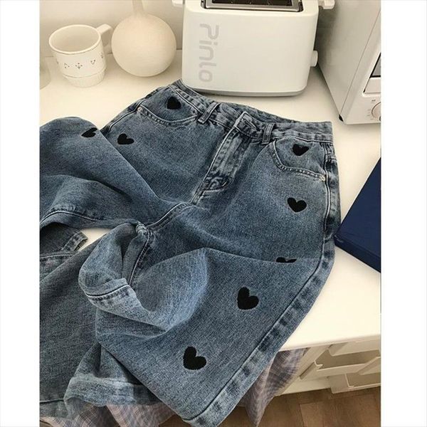 

korean love embroidery casual womens jean straight trousers high waisted thin all match jeans women streetwear, Blue