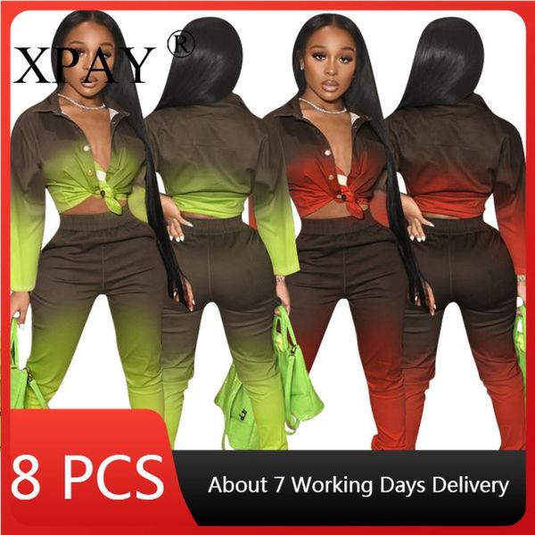 

women's two piece pants wholesale bulk items lots tracksuits for women fall single breasted blouse + legging gradient ramp 2 set outfit, White