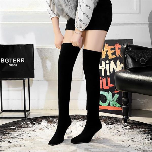 

boots 2021 women over the knee high 7cm heels nightclub crystal clear block low winter flock party suede shoes, Black