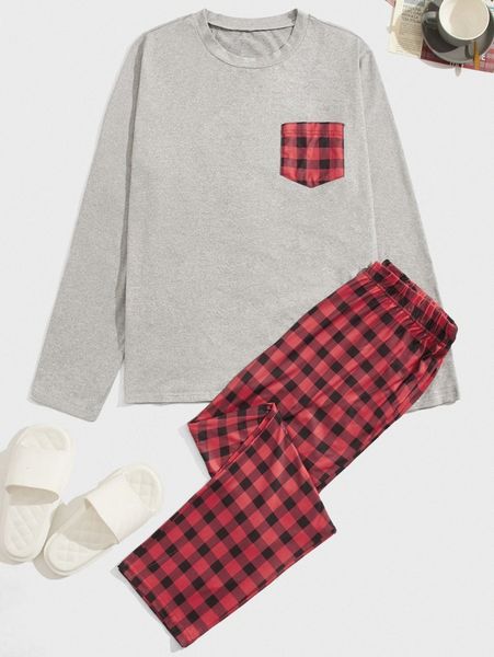 

men plaid print pocket pj set h0uz#, Black;brown