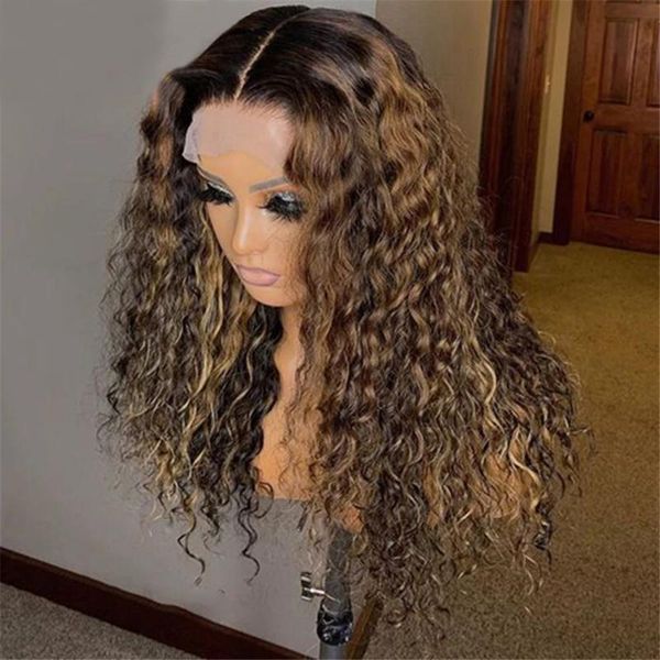 

lace wigs quinlux 1b/27 ombre color 13x6 hd transparent front curly highlight 180 density human hair wig brazilian remy, Black;brown