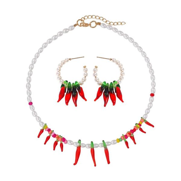 

chains 2021 fashion red chili pepper necklaces for women bohemian beads handmade pearls stone collar choker jewelry gift, Silver