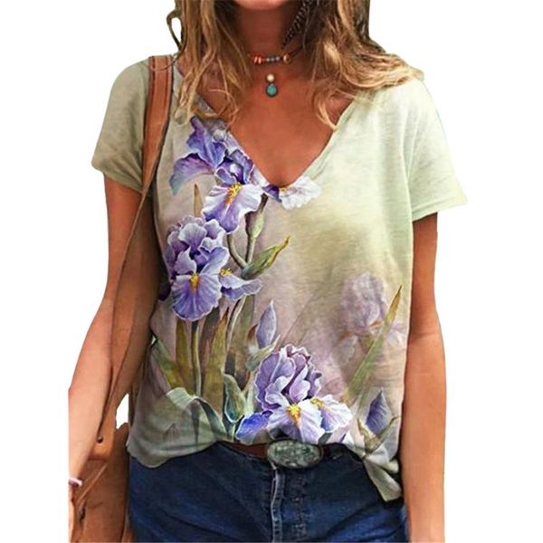 

women's t-shirt 3d floral print women t shirt boho short sleeve v-neck casual streetwear plus size loose lady tee 2021 summer clothes, White