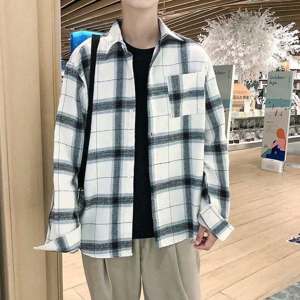 

summer and autumn style men's hong kong boys plaid long-sleeved shirt youth casual loose hawaiian full shirts, White;black