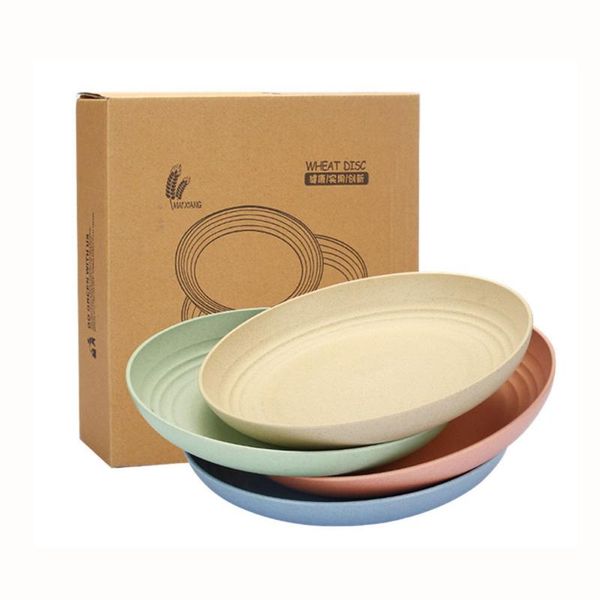 

golandstar unbreakable 4pcs set healthy wheat straw dinner plates dinnerware dishes round plate tray bpa &