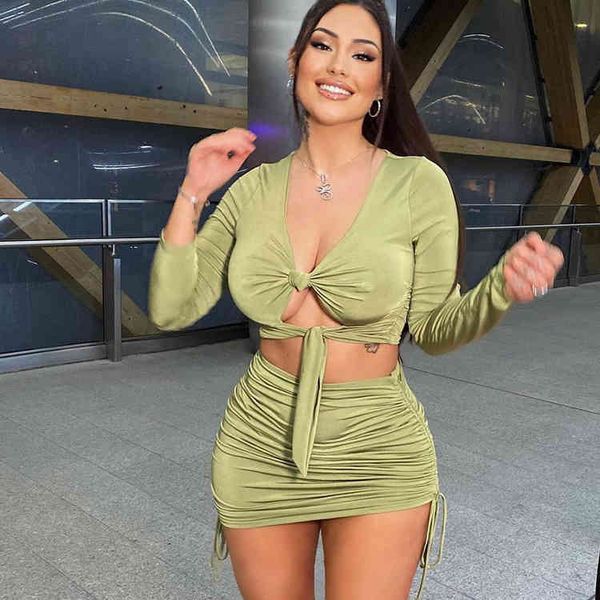 

ladies long sleeve deep v neck fashion pleated lace up hip wrap short skirt two-piece dress set, White
