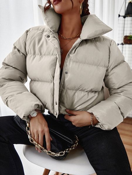 

zip up snap button crop puffer coat e1zc#, Black