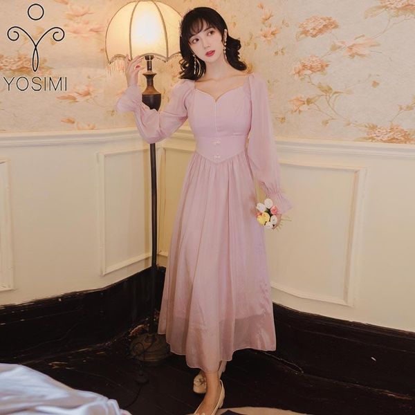 

casual dresses yosimi long women summer vintage fit and flare ankle-length strapless puff sleeve empire dress pink tencel party, Black;gray