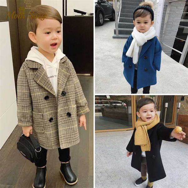 

baby boy girls woolen jacket long double breasted warm infant toddle lapel tweed coat spring autumn winter outwear clothes 211021, Blue;gray