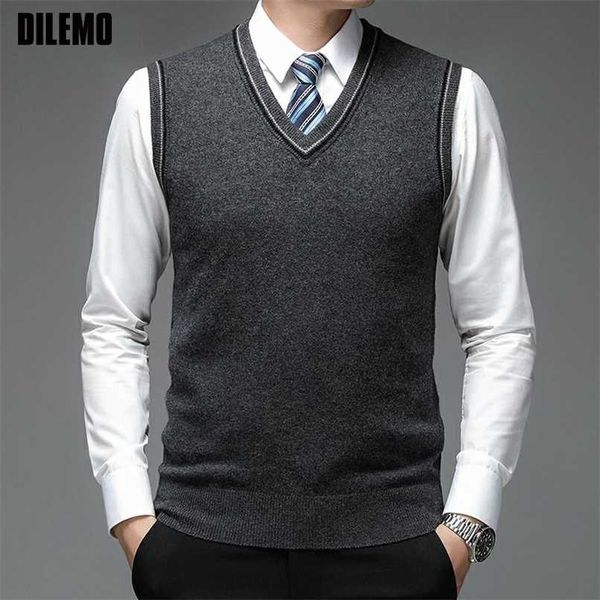 

100% wool autum fashion brand solid pullover sweater v neck knit vest men plain sleeveless casual men clothing 211221, White;black