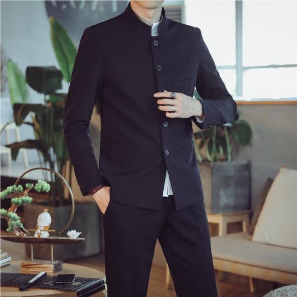 

men's suits & blazers stand collar slim fit mens suit chinese style tunic men formal grooming ternos 2 pieces set jacket +pants, White;black