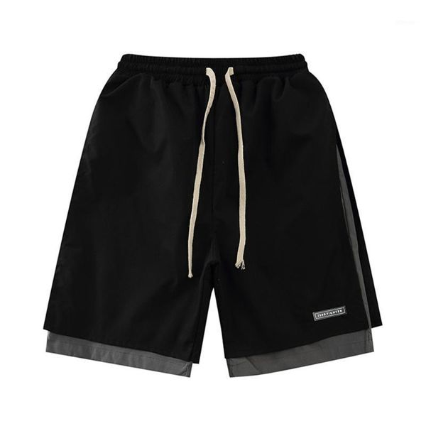 

american chic fack two pieces patchwok men shorts elastic waist sports plices fashion casual running streetwear men's, White;black