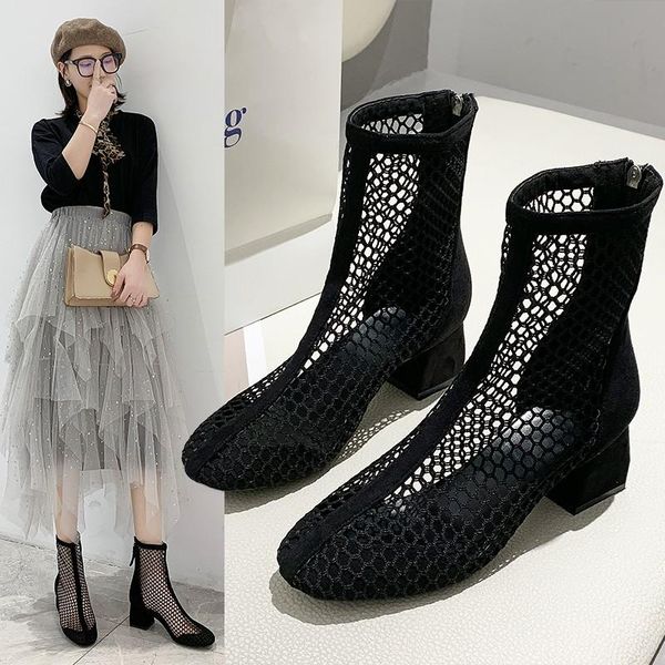 

fashion and women's mesh solid color breathable high-heeled boots, Black