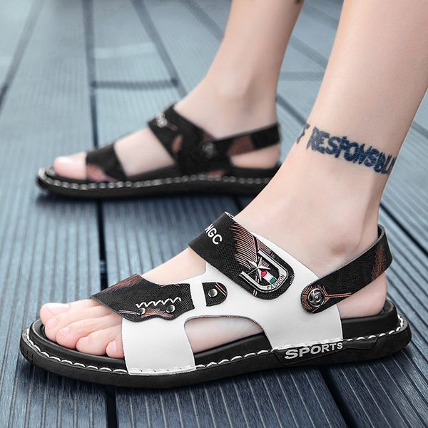 

men 2021 summer leather slippers exterior wear casual personality trend driving dual-purpose sandals 39-44, Black