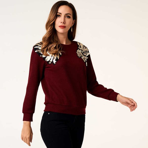 

women's blouses & shirts spring and autumn fashion sequined wings contrast solid color knitted stretch padded sweater uwq1, White