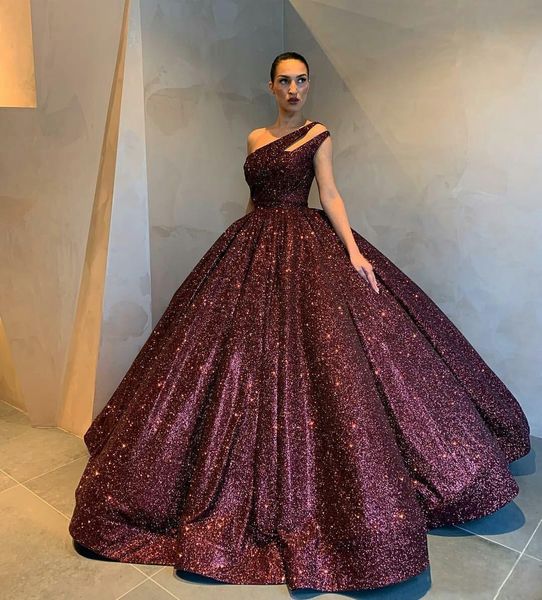 

ball gown evening dresses burgundy luxury sequined one shoulder party wear celebrity prom gowns plus size custom made robe de mariÃ©e, Black;red