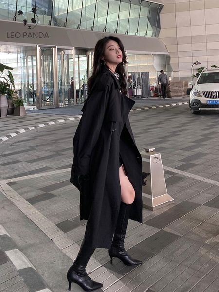 

women's trench coats leather long jacket bomber 2021 spring women loose belt british style windbreaker coat slim autumn, Tan;black