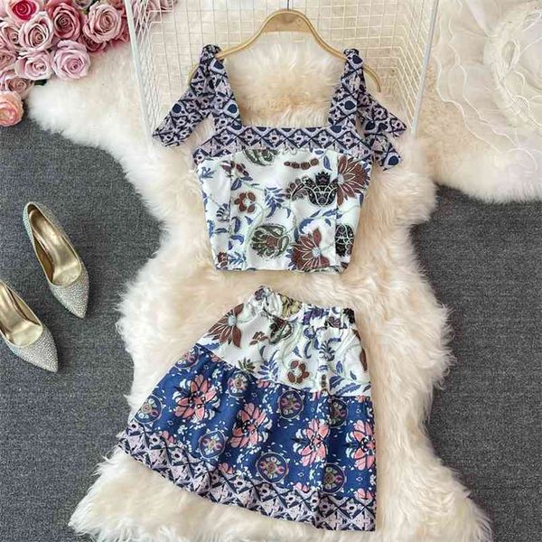 

retro print bohemian vacation sets women summer bow tie sling cropped 2 piece elastic waist mini skirt suits beach clothing 210602, White