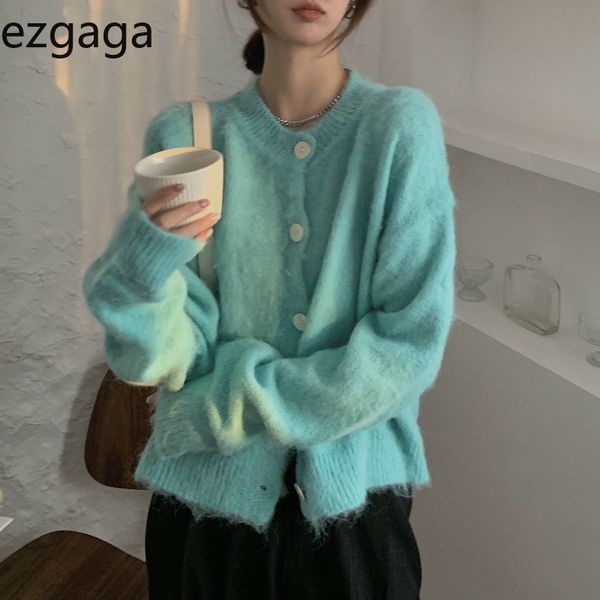 

ezgaga tender sweater women autumn winter new korean o-neck long sleeve solid ladies knitted cardigan fashion elegant 210430, White