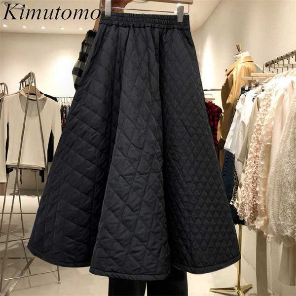 

kimutomo korea retro women skirts autumn winter elastic high waist diamond woven solid color a-line bottoms femme 211120, Black