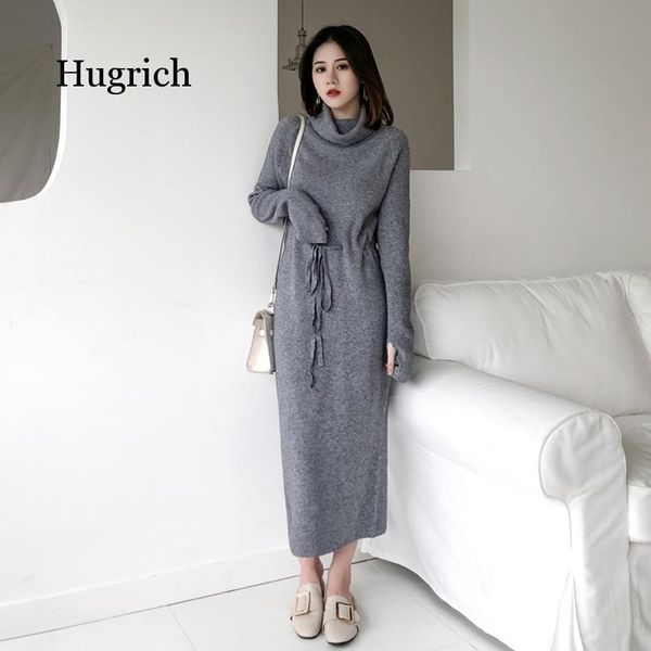 

winter thicken turtleneck sweater dress women lace up knitted long female knitwear soft vestidos 2021 casual dresses, Black;gray