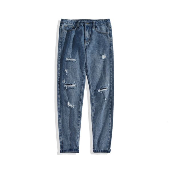 

wholesale fashion boys harajuku style trend jeans korean loose straight beggar pants summer holes ankle length, Blue
