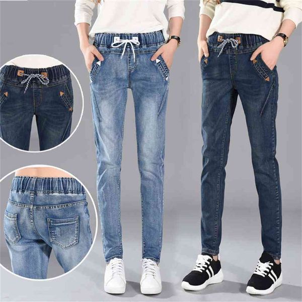 

jeans woman lace up boyfriend jeans women harem pants stretch jeans femme long pants denim trousers women c4532, Blue