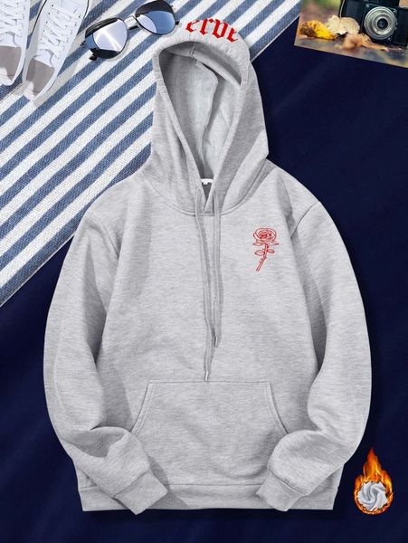 

men floral & letter graphic drawstring thermal hoodie v42r#, Black