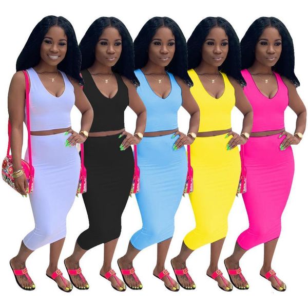 

women's tracksuits new summer solid tank bodycon midi skirts suit two piece set club party 's tracksuit outfit dress size s-2x, Gray