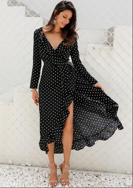 

black polka dot long women dress v neck sleeve printed ruffle split wrap ladies beach holiday, Black;gray
