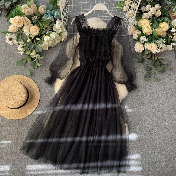 

casual dresses french fairy dress square neck princess summer lace super vintage women net yarn transparent long sleeve mesh, Black;gray