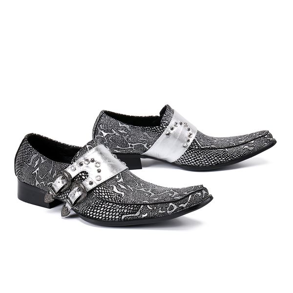 

calzado hombre fashion men genuine leather pointed toe buckle rivet shoes snake skin man autumn oxford dress wedding shoes, Black