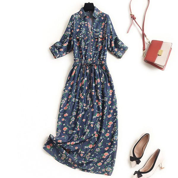 

two piece dress high street female fashion spring clothes designers turn down collar floral print midi denim dress blue casual jvev, White