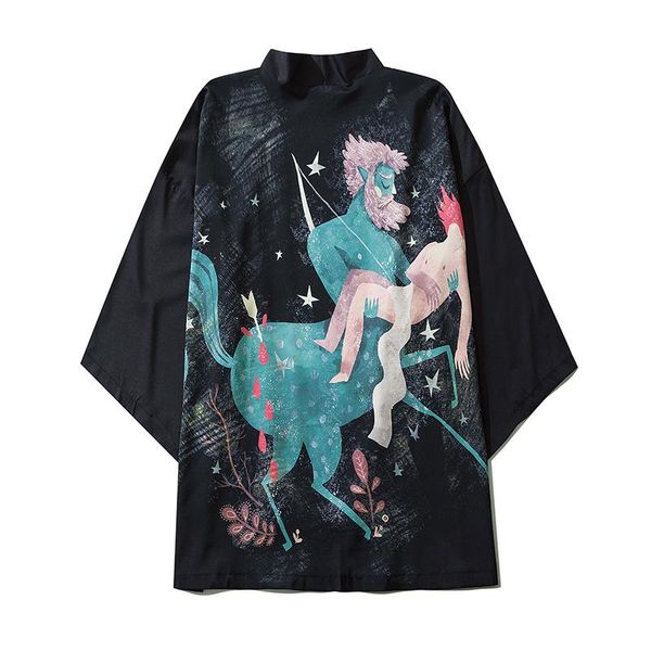 

men women cardigan couple cartoon printed harajuku japanese fashion kimono blouse haori obi asian clothes samurai ethnic clothing, Red