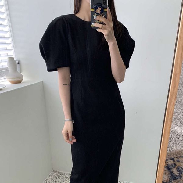 

casual dresses dress women clothessummer temperament round neck pleated waist slim over the knee bubble sleeve long a36r, Black;gray