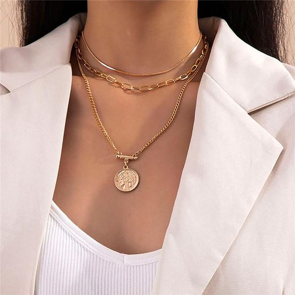 

chains europe and america fashion temperament multi-layer tassel necklace women personality creative human head relief pendant, Silver