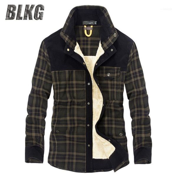 

men's casual shirts blkg shirt men fleece warm velvet long sleeves pure cotton plaid turn down collar plus size -4xl1, White;black