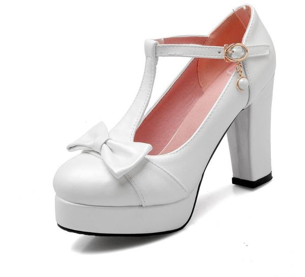 

women shoes in spring round head waterproof table coarse high heel bowknot, Black