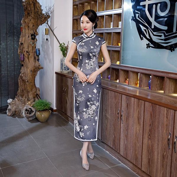 

beaded mandarin collar long lady cheongsam skirt 2021 summer print floral banquet qipao gown large size daily mother dresses ethnic clothing, Red