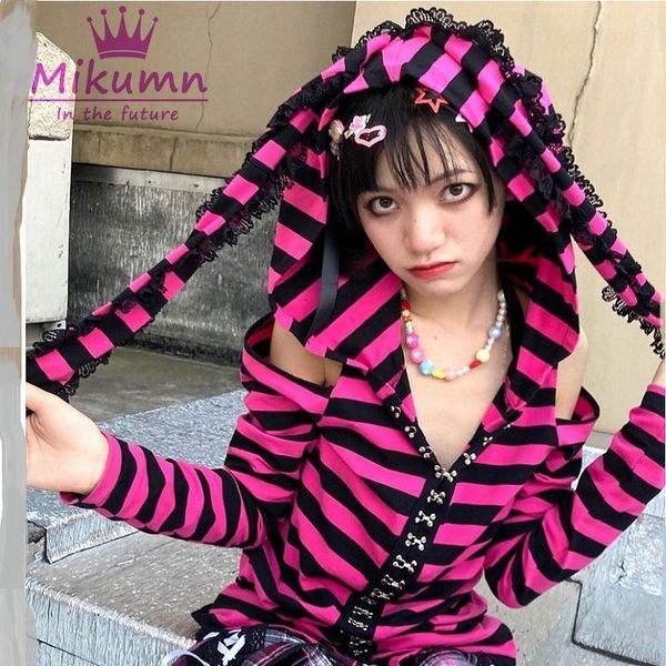 

women's t-shirt japanese harajuku girls cute black pink striped long sleeve lace ears t shirts kawaii women tees streetwear, White