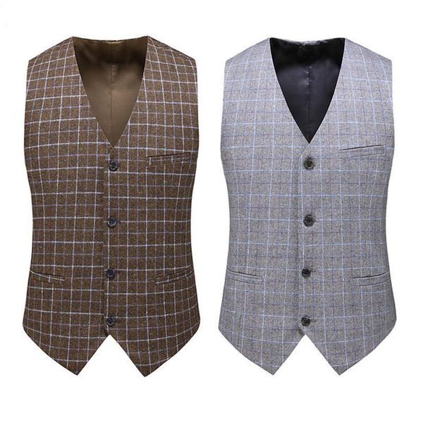 

men's vests wool check suit vest retro tweed groom groomsman wedding, Black;white