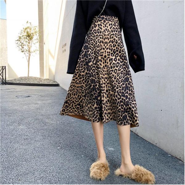 

skirts mevgo elastic waist woman print leopard skirt long pleated korean high plus size a line female fashion hd2355, Black