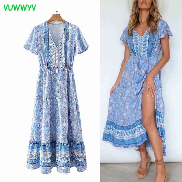 Летние платья для женщин Blue Bohemian Print Chiffon Maxi платье женщина с коротким рукавом плиссированные талии праздник Vestidos пояс 210430