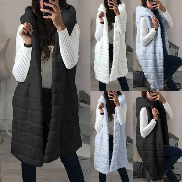 

women's vests autumn winter womens faux-furgilet sleeveless waistcoat body solid color hooded vest long jacket coat outwear, Black;white
