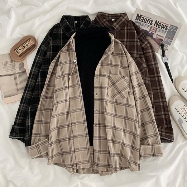 

women's blouses & shirts women shirt plaid oversize 3xl turn-down collar leisure fashion loose all-match womens long sleeves soft chic, White