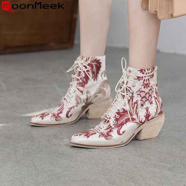 

boots moonmeek big size 34-43 fashion ankle for women pointed toe lace up ladies embroidery prom autumn winter 2021, Black