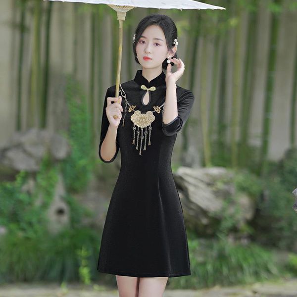 

ethnic clothing autumn women seven points sleeve embroidery velour qipao elegant orientale banquet mandarin collar cheongsam oversize 2xl, Red